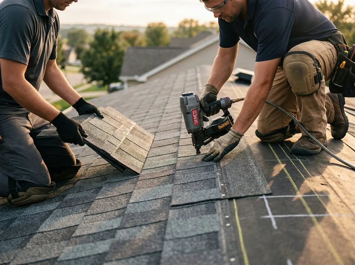 Professional roofer working on a residential roof in Scituate